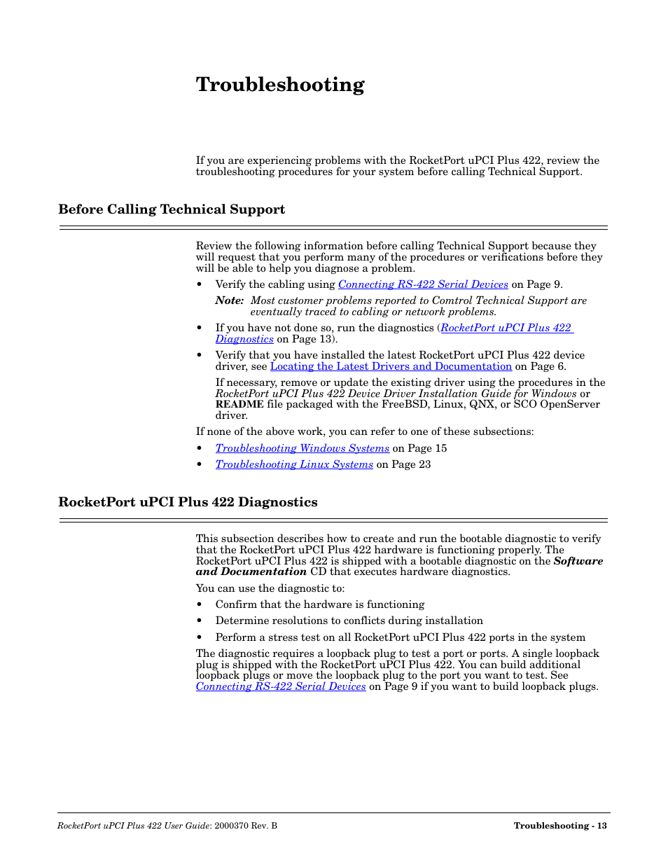 Troubleshooting, Before calling technical support, Rocketport upci plus 422 diagnostics | Sect | Comtrol RocketPort Plus 422 Universal PCI User Manual | Page 13 / 26