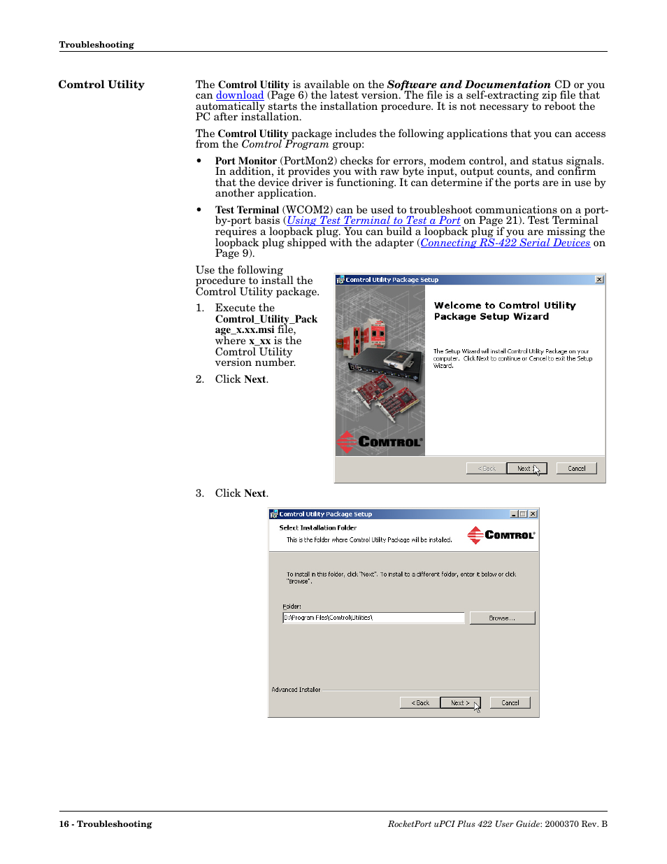 Comtrol utility | Comtrol RocketPort Plus 422 Universal PCI User Manual | Page 16 / 26