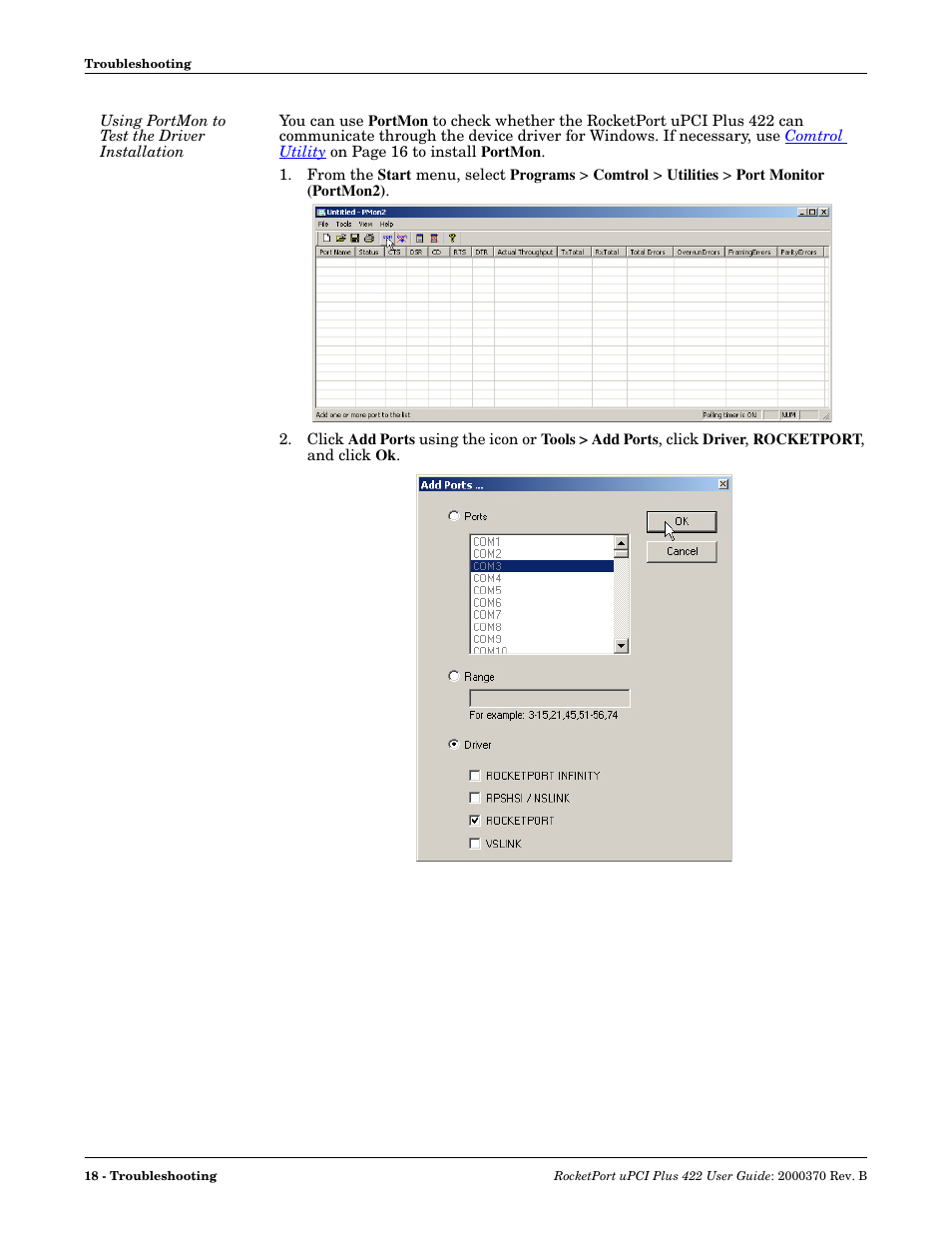 Using portmon to test the driver installation | Comtrol RocketPort Plus 422 Universal PCI User Manual | Page 18 / 26