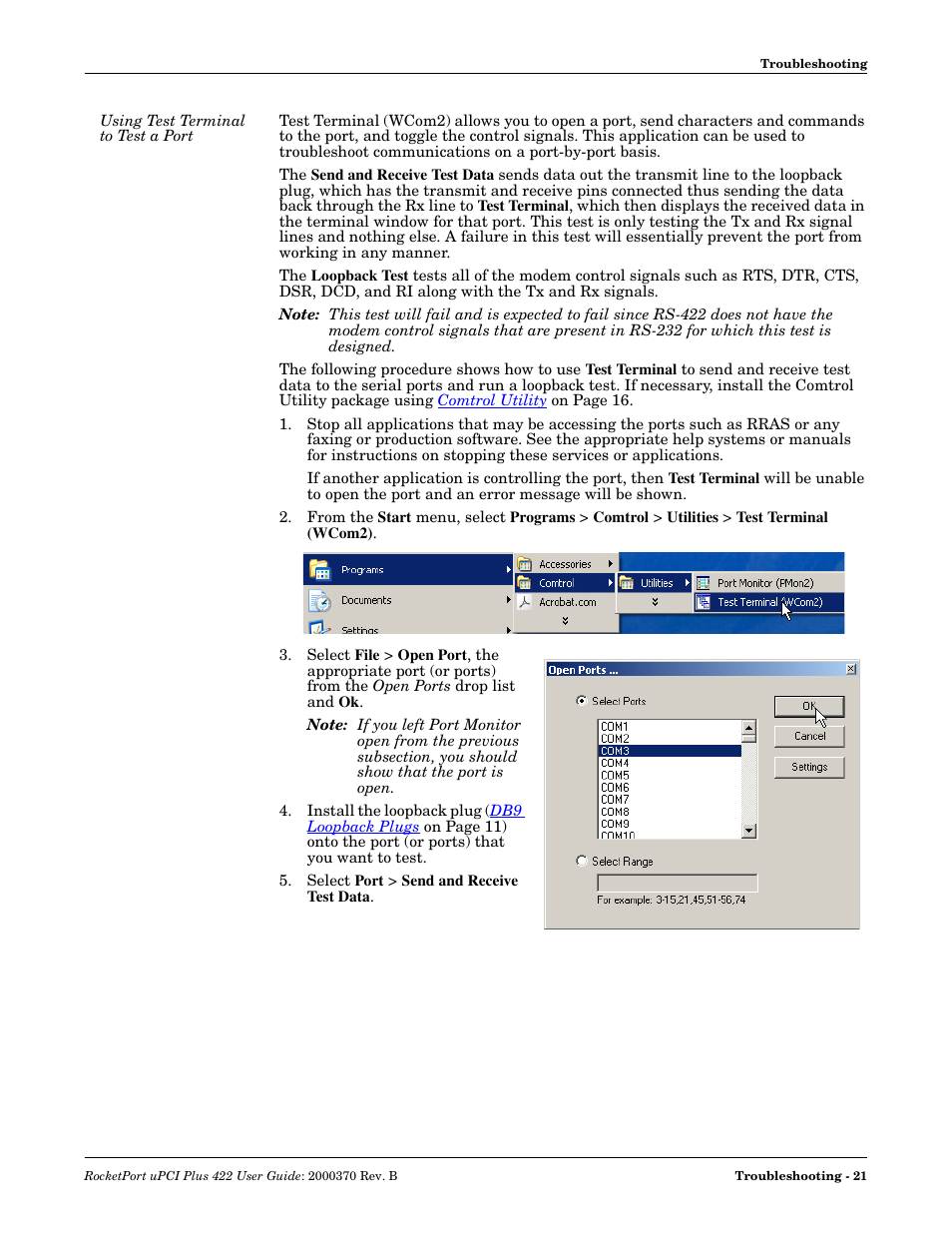 Using test terminal to test a port, By-port basis | Comtrol RocketPort Plus 422 Universal PCI User Manual | Page 21 / 26