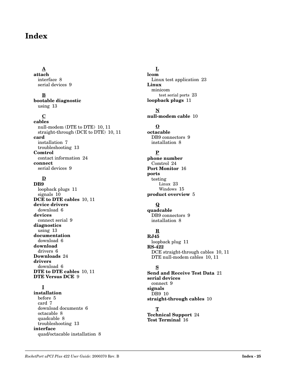 Index | Comtrol RocketPort Plus 422 Universal PCI User Manual | Page 25 / 26