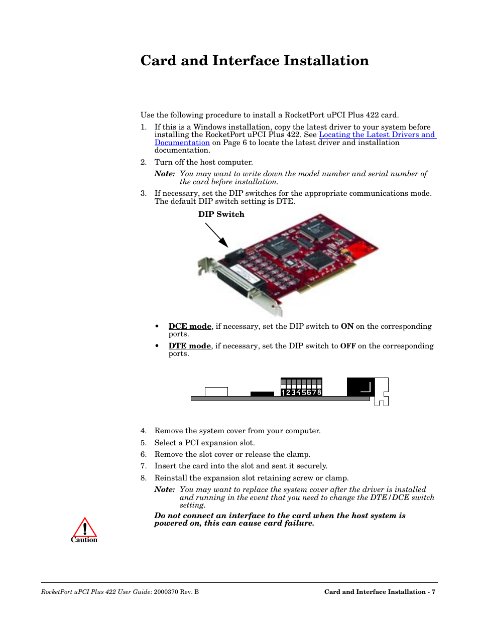 Card and interface installation | Comtrol RocketPort Plus 422 Universal PCI User Manual | Page 7 / 26