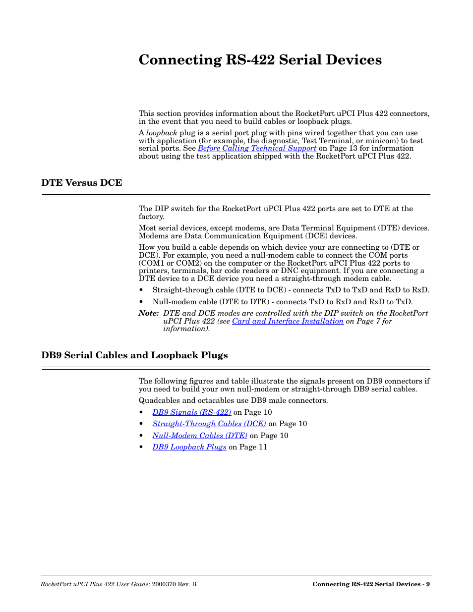 Connecting rs-422 serial devices, Dte versus dce, Db9 serial cables and loopback plugs | Refer to | Comtrol RocketPort Plus 422 Universal PCI User Manual | Page 9 / 26