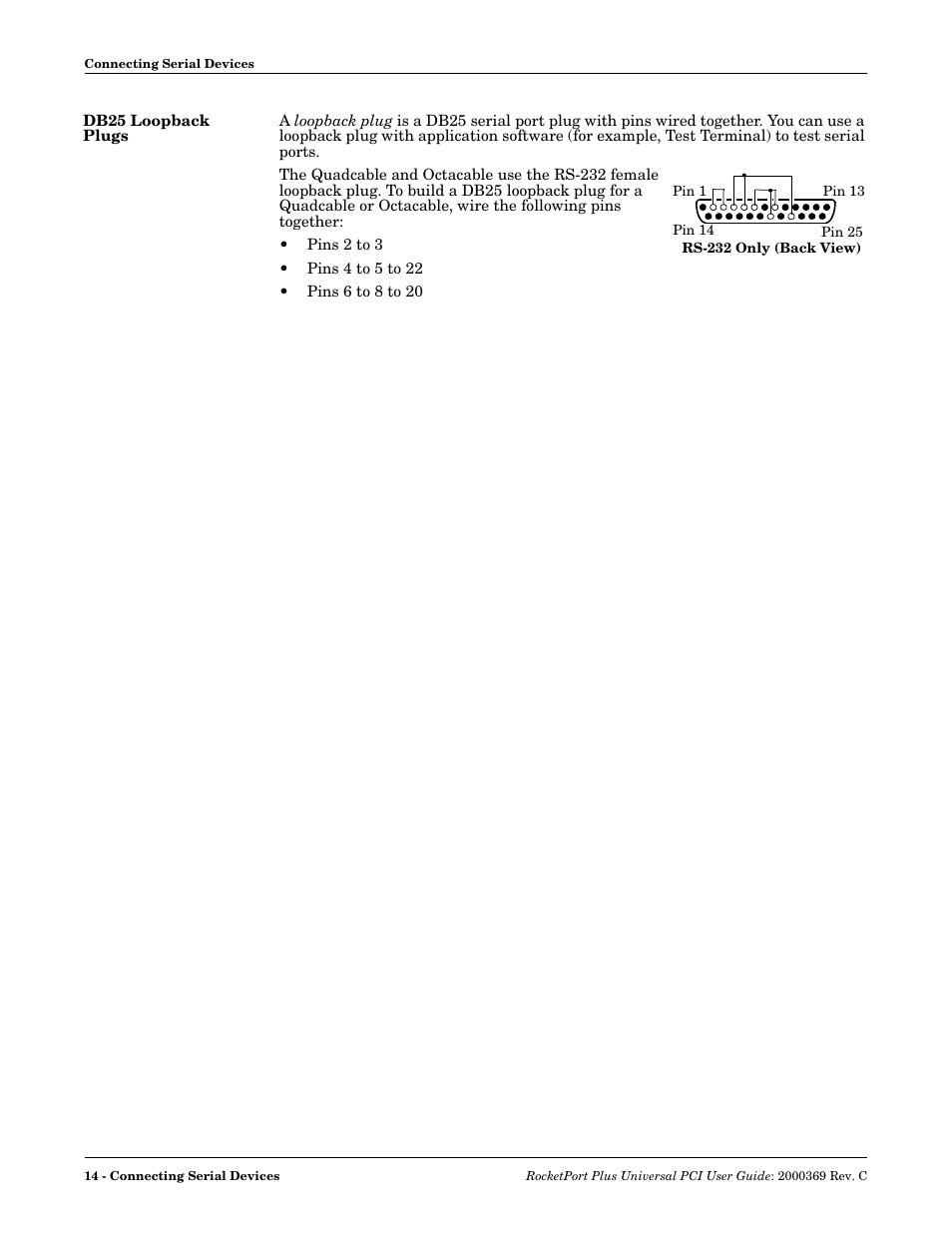 Db25 loopback plugs | Comtrol RocketPort Plus Universal PCI User Manual | Page 14 / 30
