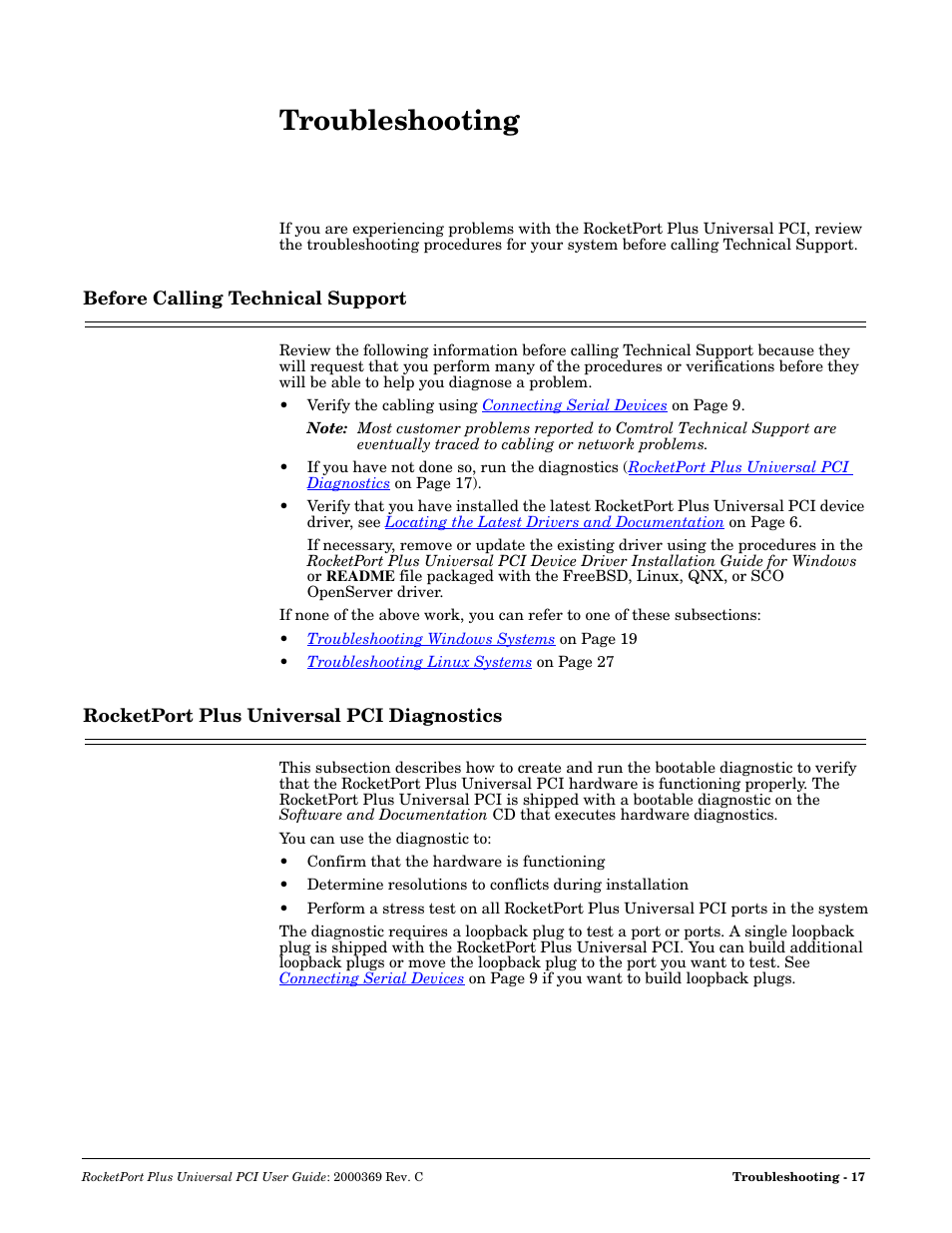 Troubleshooting, Before calling technical support, Rocketport plus universal pci diagnostics | Comtrol RocketPort Plus Universal PCI User Manual | Page 17 / 30