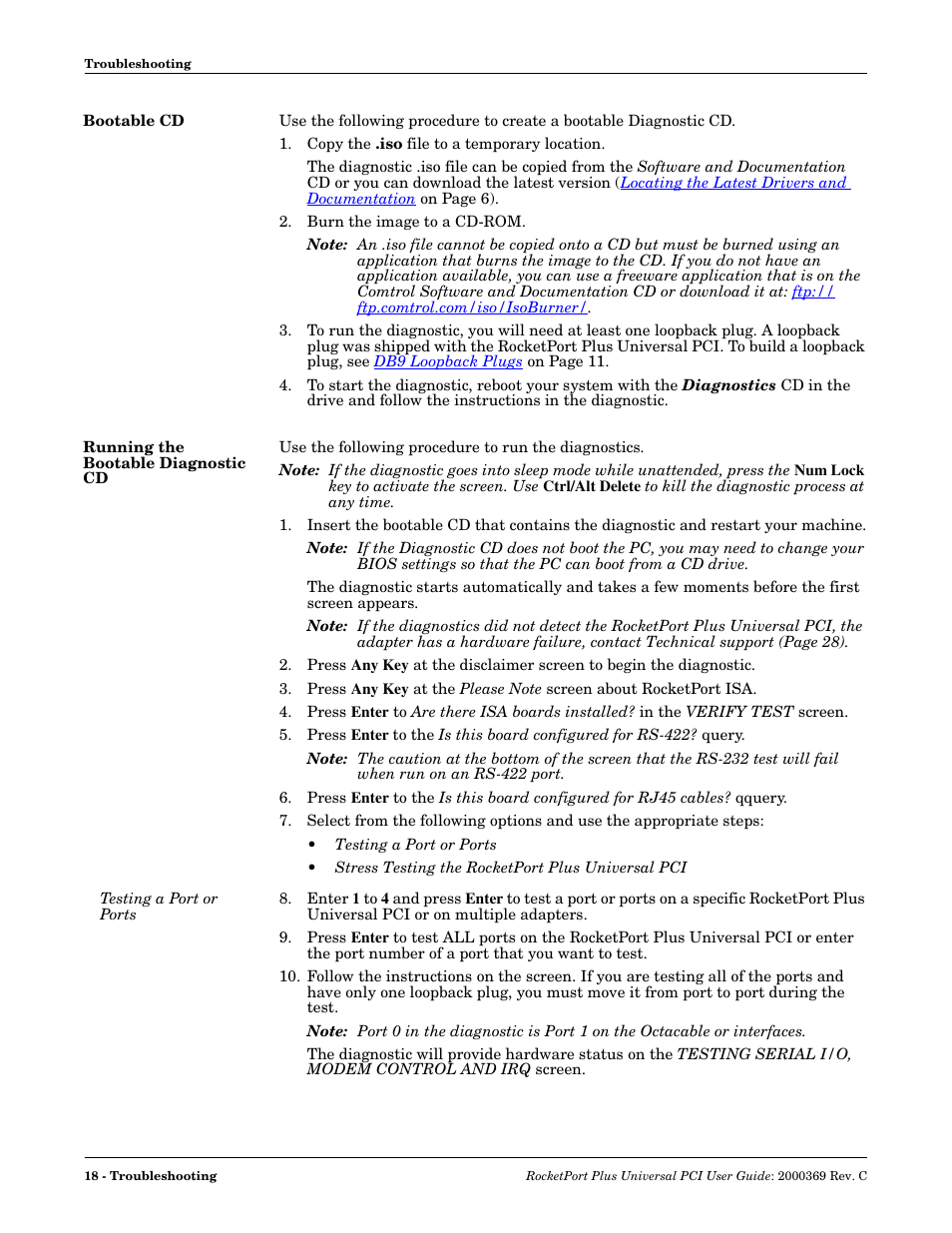 Bootable cd, Running the bootable diagnostic cd, Testing a port or ports | Bootable cd running the bootable diagnostic cd | Comtrol RocketPort Plus Universal PCI User Manual | Page 18 / 30