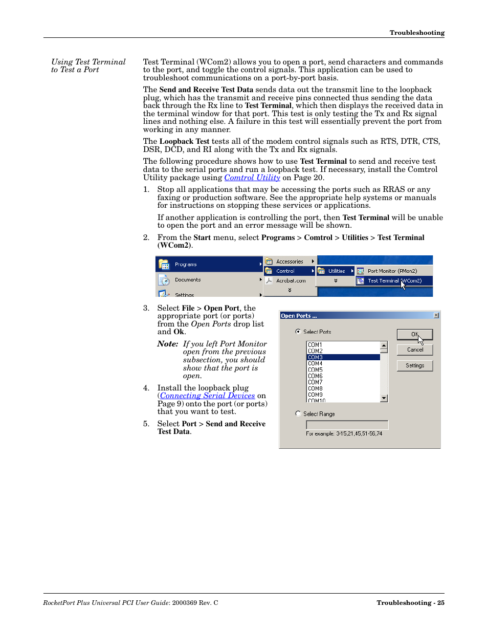 Using test terminal to test a port, By-port basis | Comtrol RocketPort Plus Universal PCI User Manual | Page 25 / 30