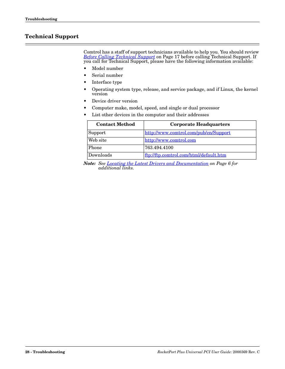 Technical support, Contact | Comtrol RocketPort Plus Universal PCI User Manual | Page 28 / 30