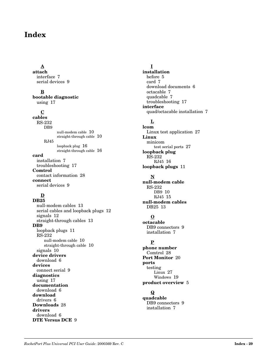 Index | Comtrol RocketPort Plus Universal PCI User Manual | Page 29 / 30