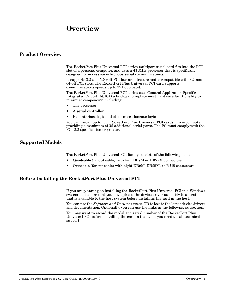 Overview, Product overview, Supported models | Comtrol RocketPort Plus Universal PCI User Manual | Page 5 / 30