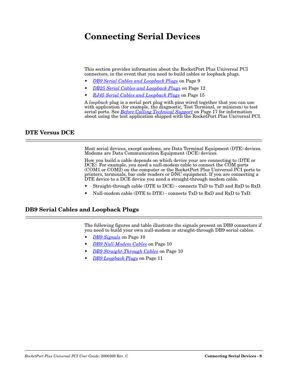 Connecting serial devices, Dte versus dce, Db9 serial cables and loopback plugs | Comtrol RocketPort Plus Universal PCI User Manual | Page 9 / 30