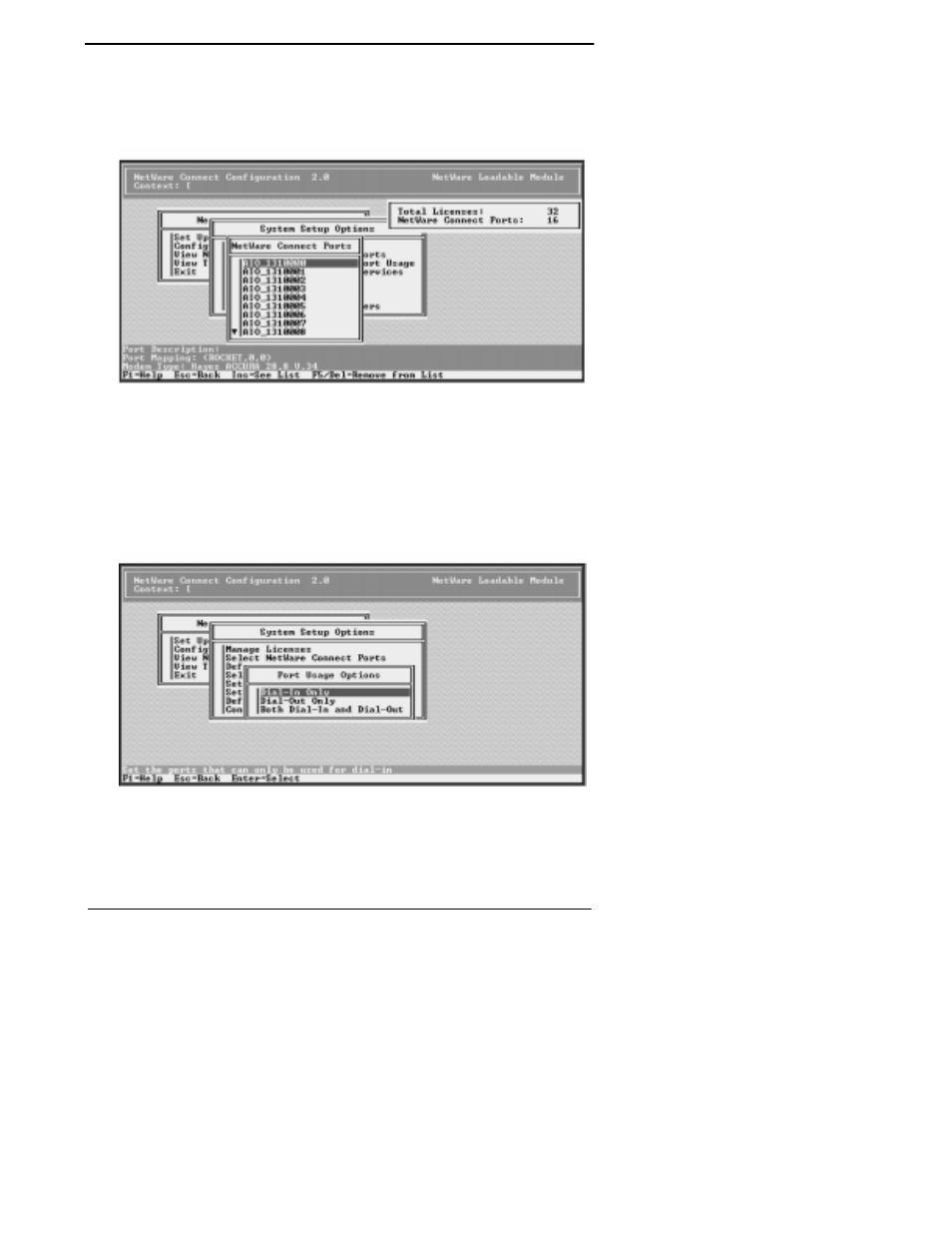 Select select netware connect ports, Press esc to return to the system setup option, Next, select define netware connect port usage | Select port usage options as desired, Press esc twice to back out to the netware con | Comtrol VS1100 Novell NetWare User Manual | Page 19 / 46