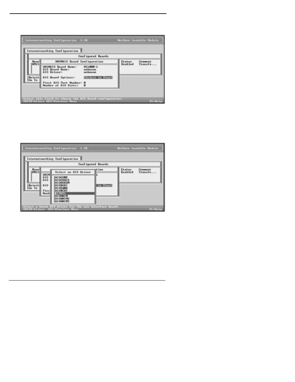 Highlight aio board option and press enter, Select yes and press enter, Scroll down the list, highlight aiovs1, and pre | Comtrol VS1100 Novell NetWare User Manual | Page 24 / 46