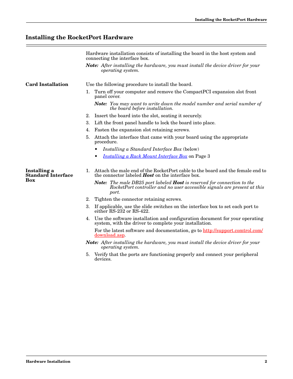 Installing the rocketport hardware, Card installation, Installing a standard interface box | Comtrol 16-Port User Manual | Page 2 / 9