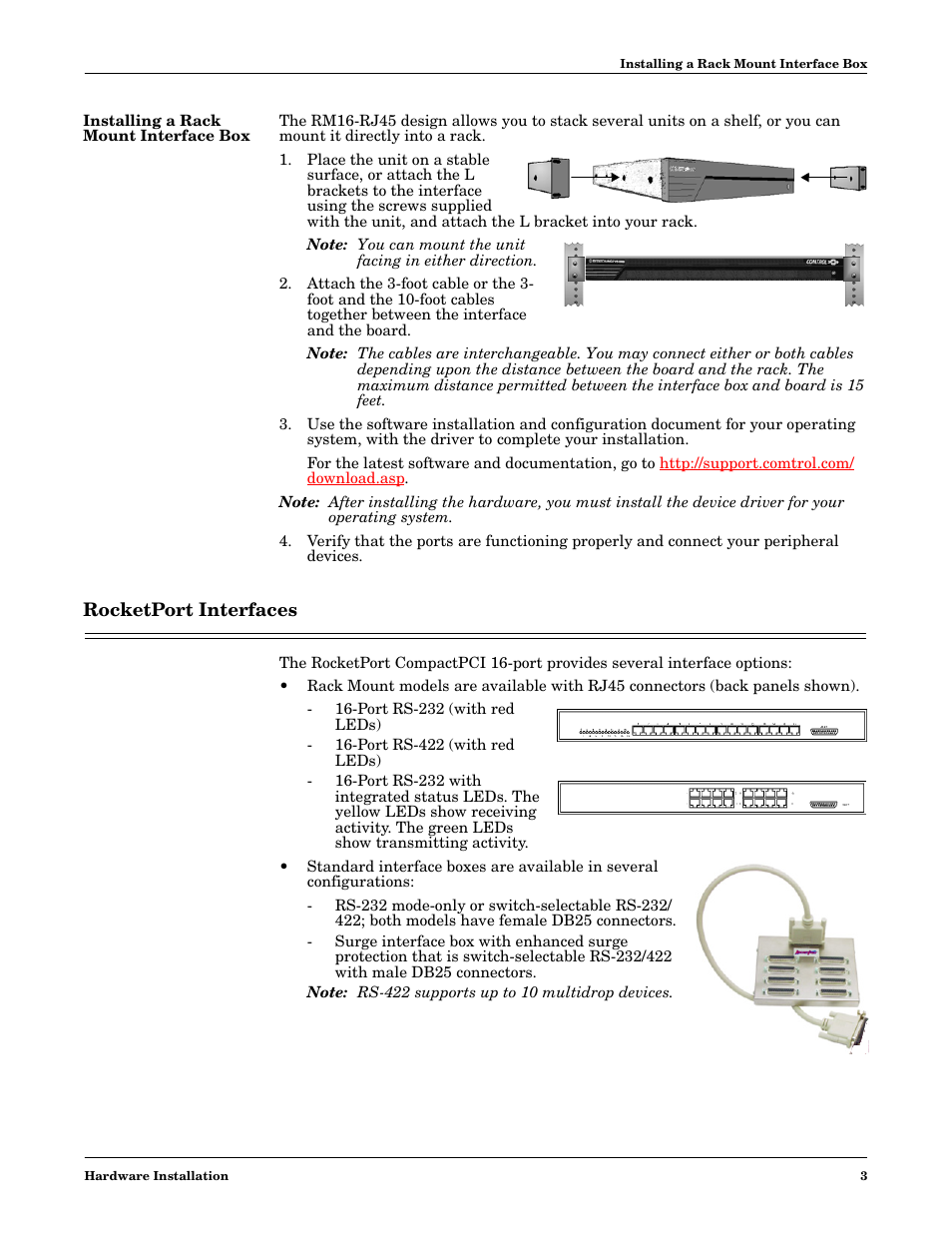 Installing a rack mount interface box, Rocketport interfaces | Comtrol 16-Port User Manual | Page 3 / 9
