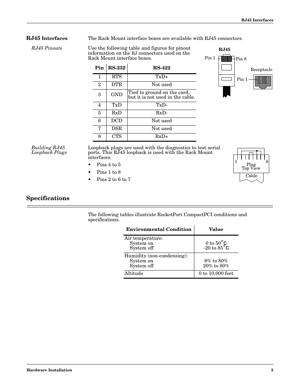 Rj45 interfaces, Rj45 pinouts, Building rj45 loopback plugs | Specifications | Comtrol 16-Port User Manual | Page 5 / 9