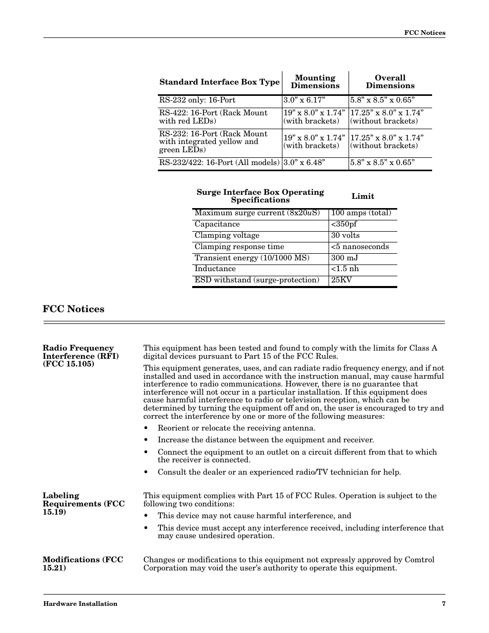 Fcc notices, Radio frequency interference (rfi) (fcc 15.105), Labeling requirements (fcc 15.19) | Modifications (fcc 15.21) | Comtrol 16-Port User Manual | Page 7 / 9
