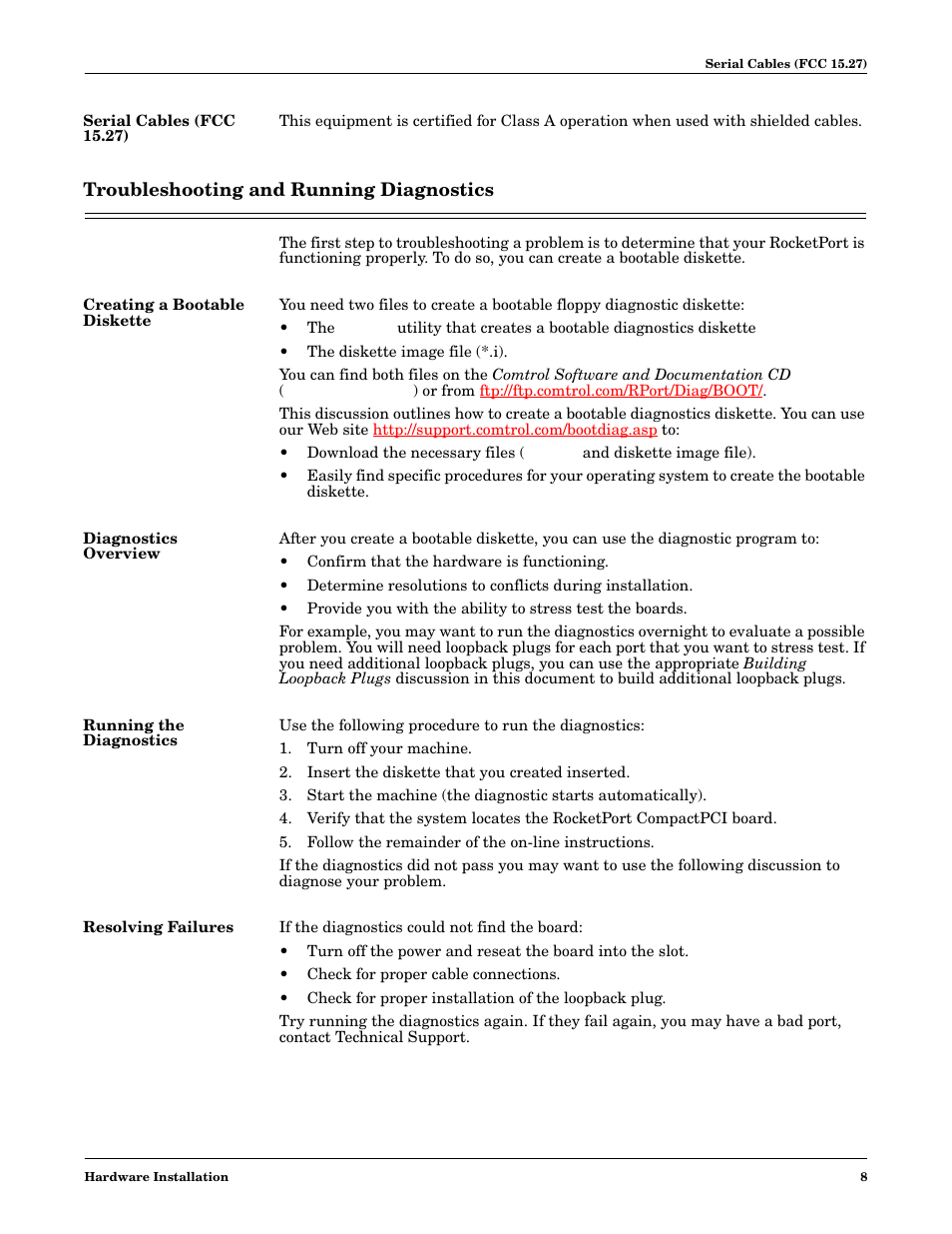 Serial cables (fcc 15.27), Troubleshooting and running diagnostics, Creating a bootable diskette | Diagnostics overview, Running the diagnostics, Resolving failures | Comtrol 16-Port User Manual | Page 8 / 9
