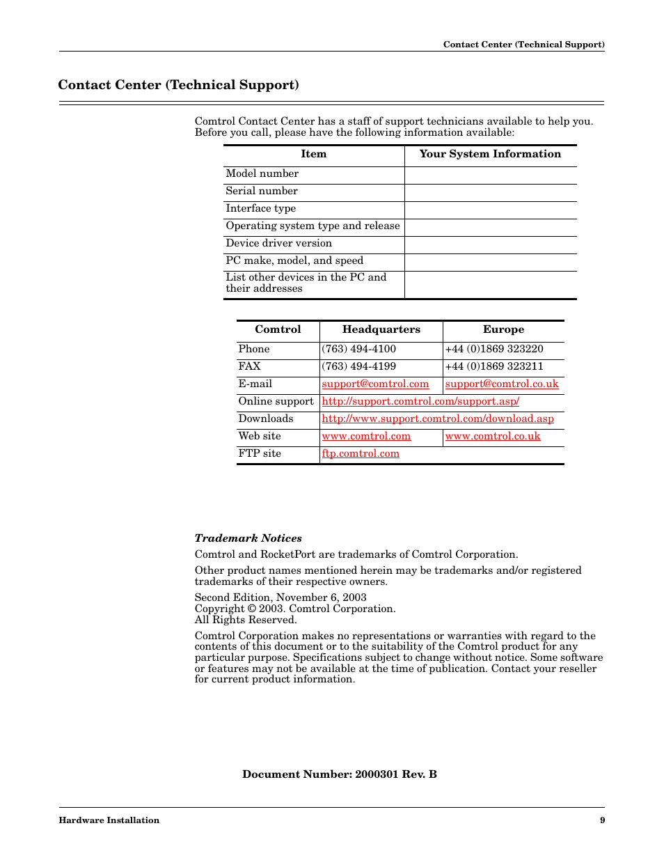 Contact center (technical support) | Comtrol 16-Port User Manual | Page 9 / 9