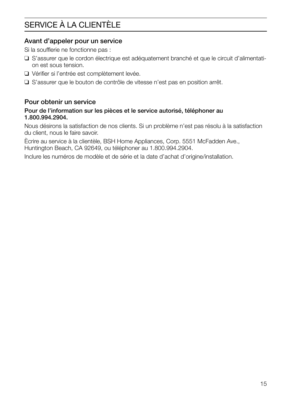 Service à la clientèle | Bosch DHD Series User Manual | Page 15 / 24