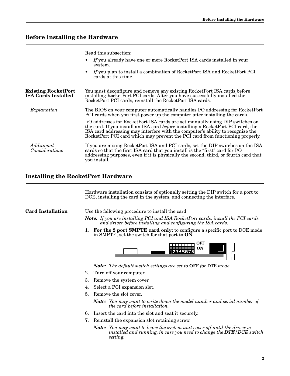 Before installing the hardware, Existing rocketport isa cards installed, Explanation | Additional considerations, Installing the rocketport hardware, Card installation | Comtrol PCI 422 User Manual | Page 3 / 10
