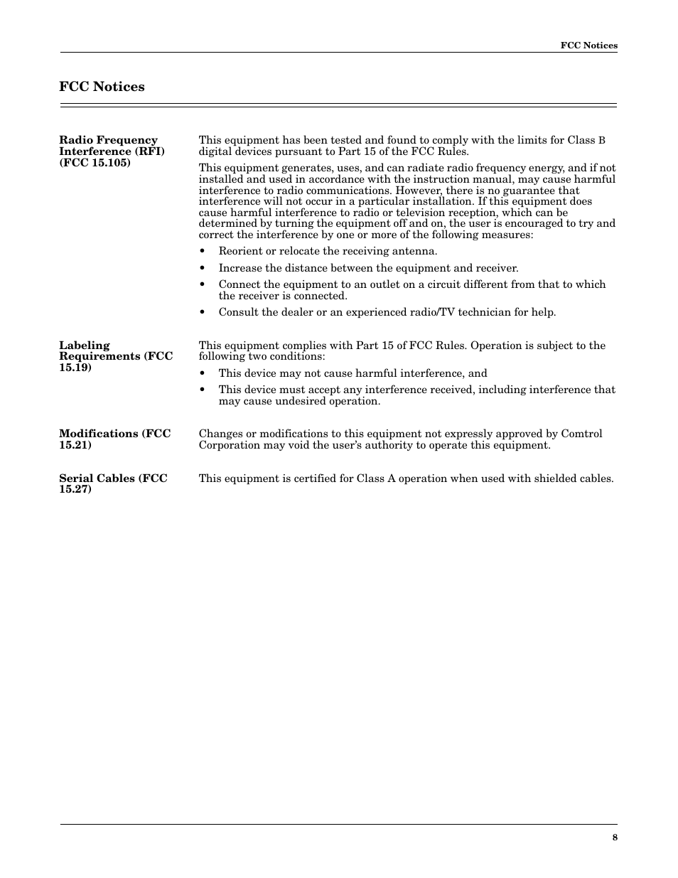 Fcc notices, Radio frequency interference (rfi) (fcc 15.105), Labeling requirements (fcc 15.19) | Modifications (fcc 15.21), Serial cables (fcc 15.27) | Comtrol PCI 422 User Manual | Page 8 / 10