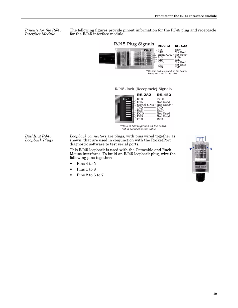 Pinouts for the rj45 interface module, Building rj45 loopback plugs | Comtrol RocketPort PCI series User Manual | Page 10 / 17