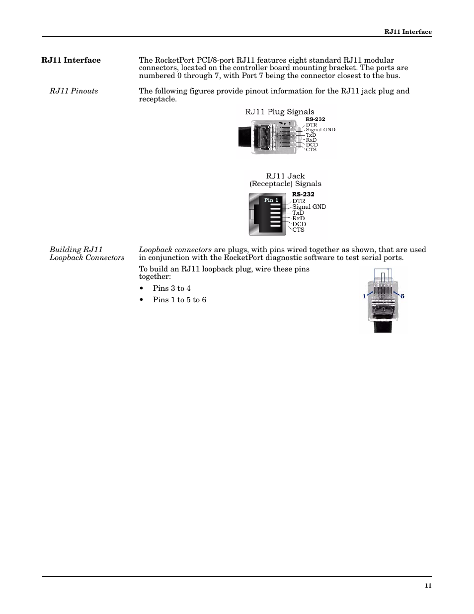 Rj11 interface, Rj11 pinouts, Building rj11 loopback connectors | Comtrol RocketPort PCI series User Manual | Page 11 / 17