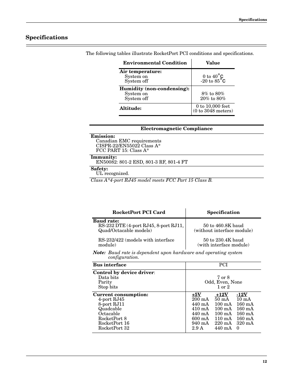 Specifications | Comtrol RocketPort PCI series User Manual | Page 12 / 17
