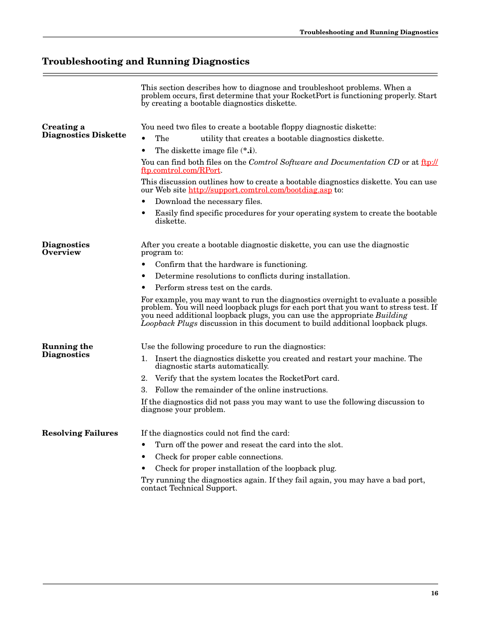 Troubleshooting and running diagnostics, Creating a diagnostics diskette, Diagnostics overview | Running the diagnostics, Resolving failures | Comtrol RocketPort PCI series User Manual | Page 16 / 17