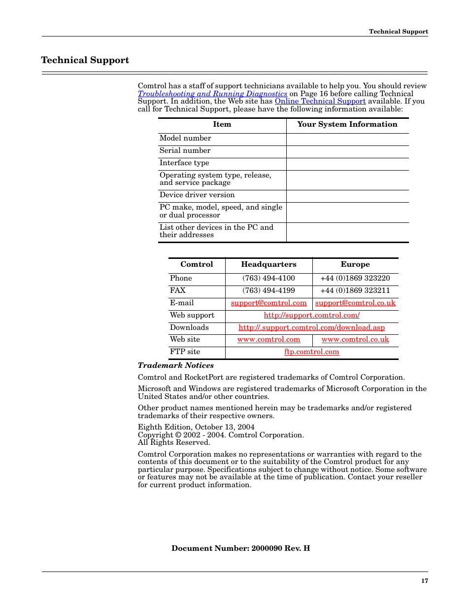 Technical support | Comtrol RocketPort PCI series User Manual | Page 17 / 17