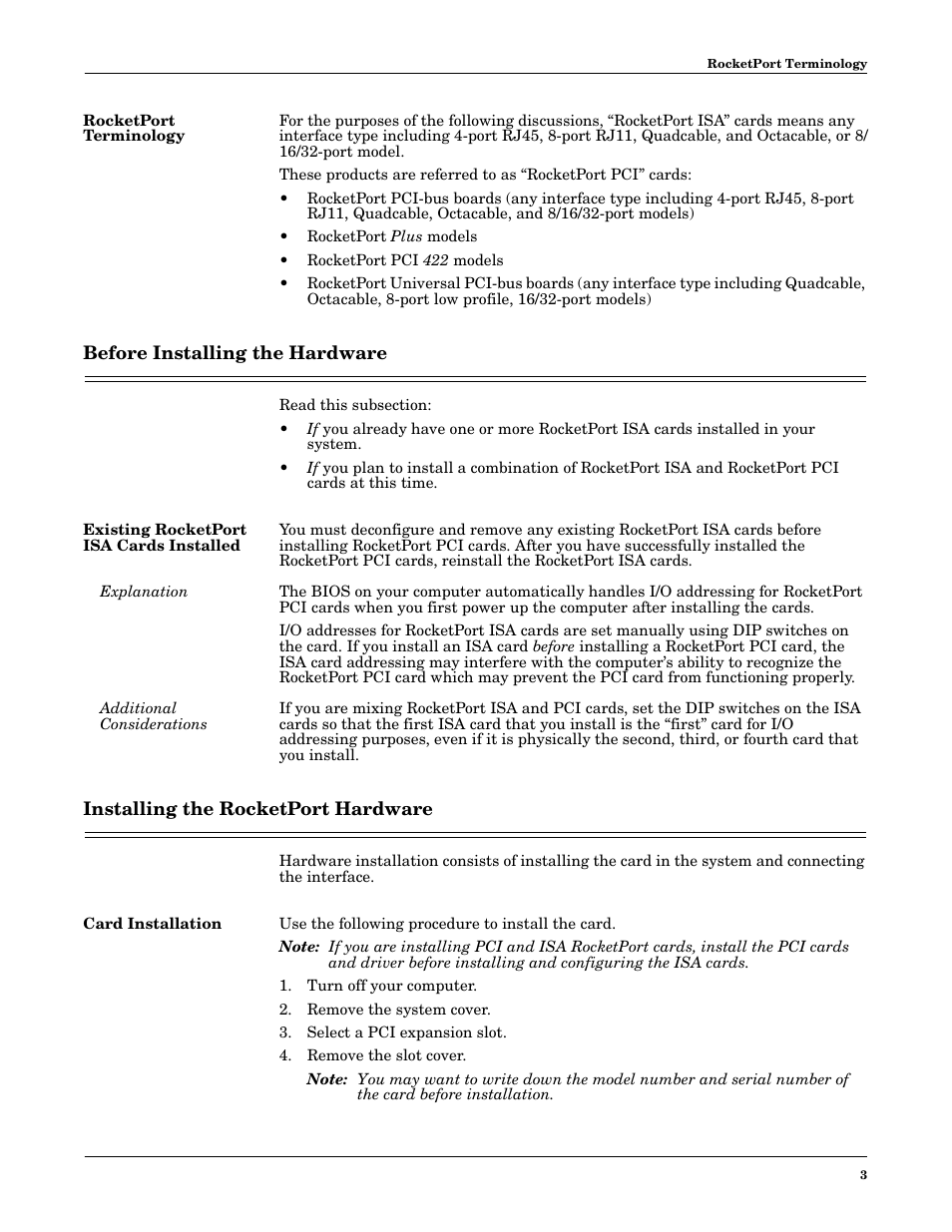Rocketport terminology, Before installing the hardware, Existing rocketport isa cards installed | Explanation, Additional considerations, Installing the rocketport hardware, Card installation | Comtrol RocketPort PCI series User Manual | Page 3 / 17