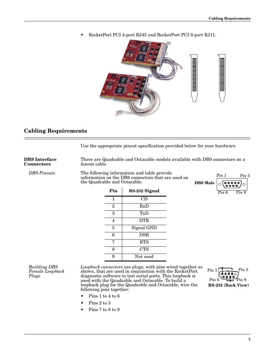Cabling requirements, Db9 interface connectors, Db9 pinouts | Building db9 female loopback plugs | Comtrol RocketPort PCI series User Manual | Page 7 / 17