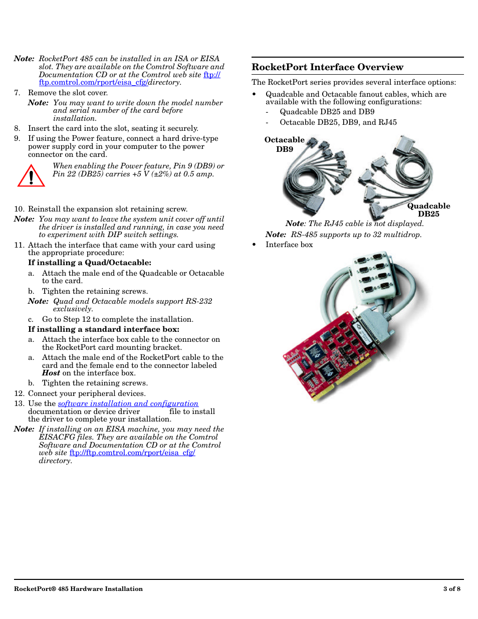 Interface overview, For interface information, see the, Rocketport interface | Overview, Discussion later in this card | Comtrol 485 RocketPort User Manual | Page 3 / 8