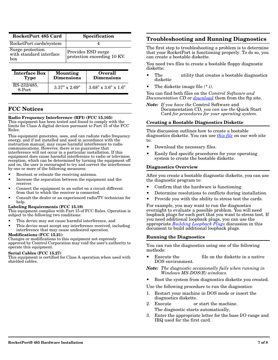 Fcc notices, Troubleshooting and creating diagnostics | Comtrol 485 RocketPort User Manual | Page 7 / 8