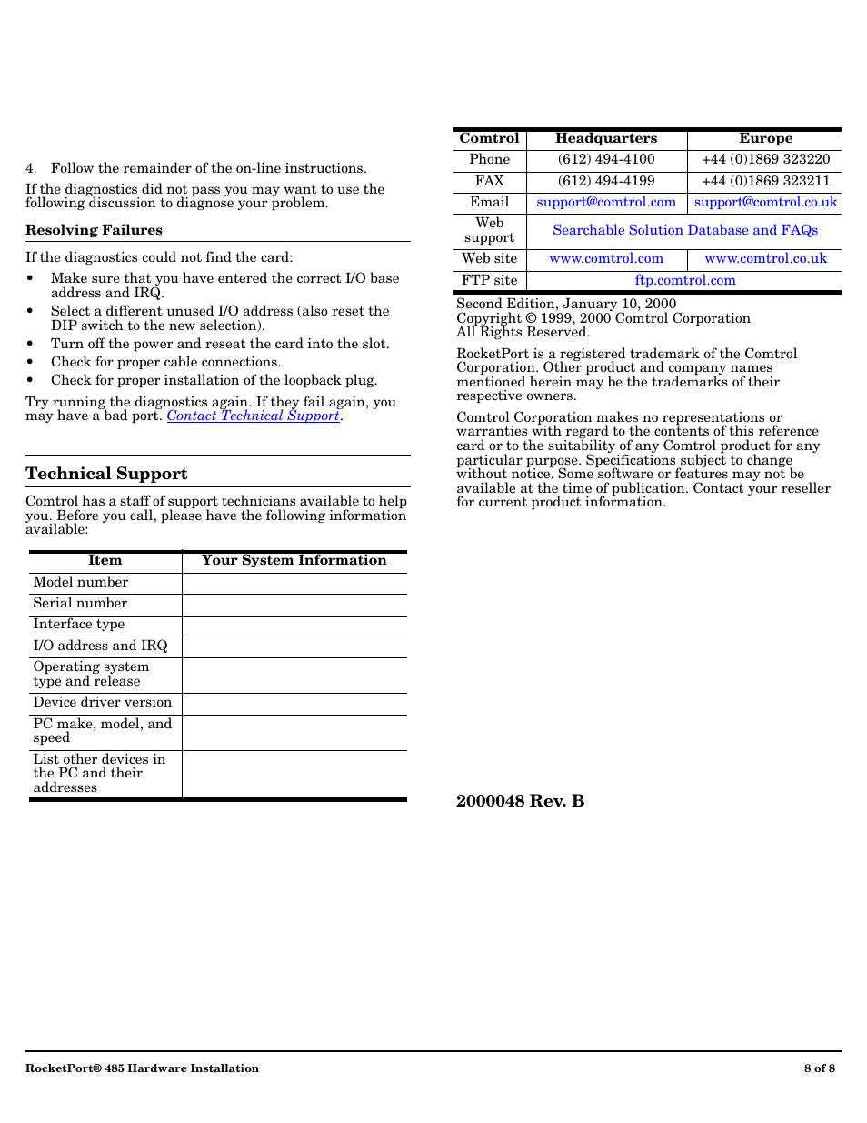 Contacting technical support | Comtrol 485 RocketPort User Manual | Page 8 / 8
