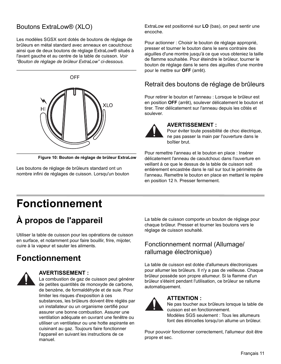 Boutons extralow® (xlo), Retrait des boutons de réglage de brûleurs, Fonctionnement | À propos de l'appareil | Bosch SGSX User Manual | Page 33 / 68