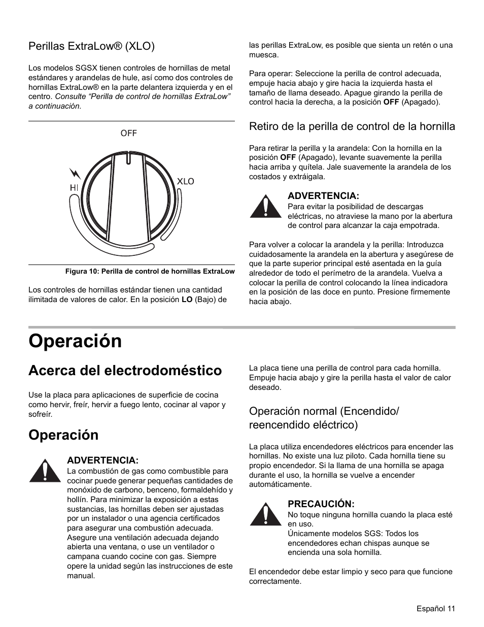 Perillas extralow® (xlo), Retiro de la perilla de control de la hornilla, Operación | Acerca del electrodoméstico | Bosch SGSX User Manual | Page 55 / 68