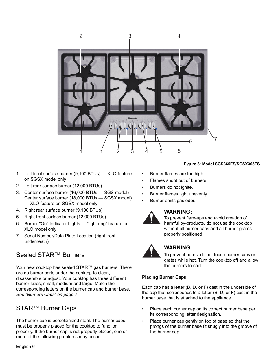 Left rear surface burner (12,000 btus), Right rear surface burner (9,100 btus), Right front surface burner (12,000 btus) | Sealed star™ burners, Star™ burner caps, Placing burner caps | Bosch SGSX User Manual | Page 8 / 68