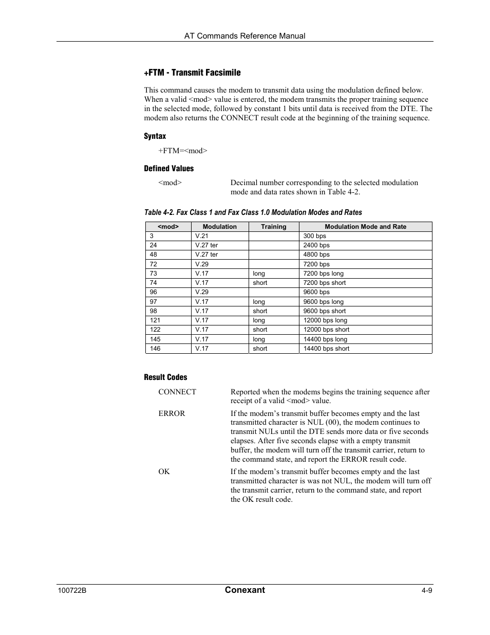 Conexant, Ftm - transmit facsimile | Comtrol AT Command Set Rev A User Manual | Page 159 / 230