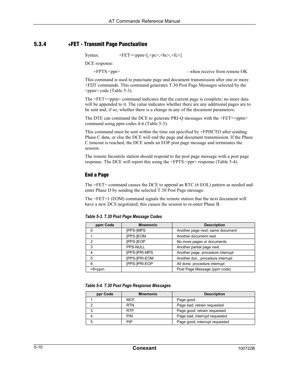 4 +fet - transmit page punctuation, Conexant, End a page | Comtrol AT Command Set Rev A User Manual | Page 182 / 230