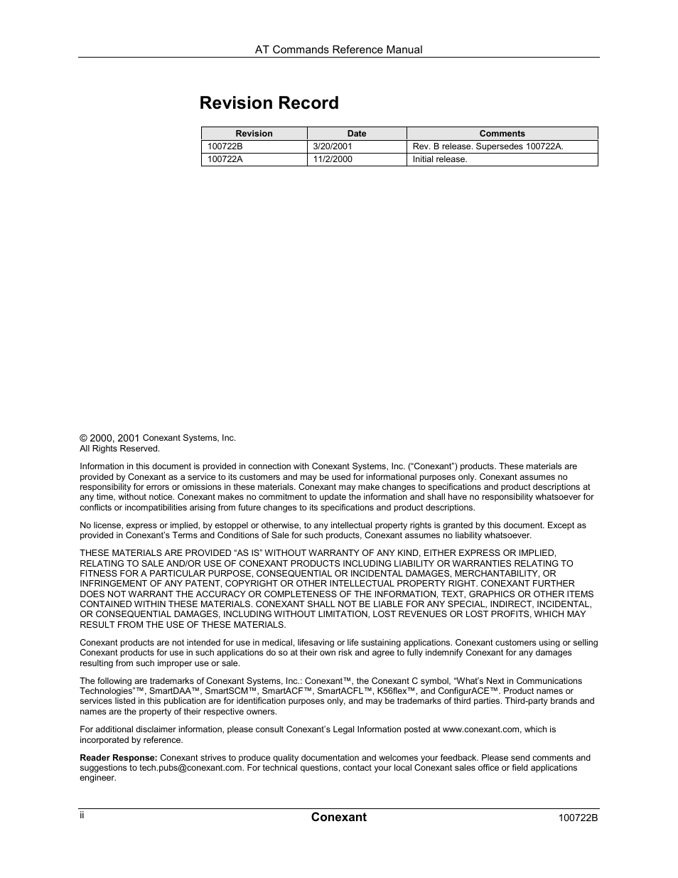 Revision record, Conexant | Comtrol AT Command Set Rev A User Manual | Page 2 / 230