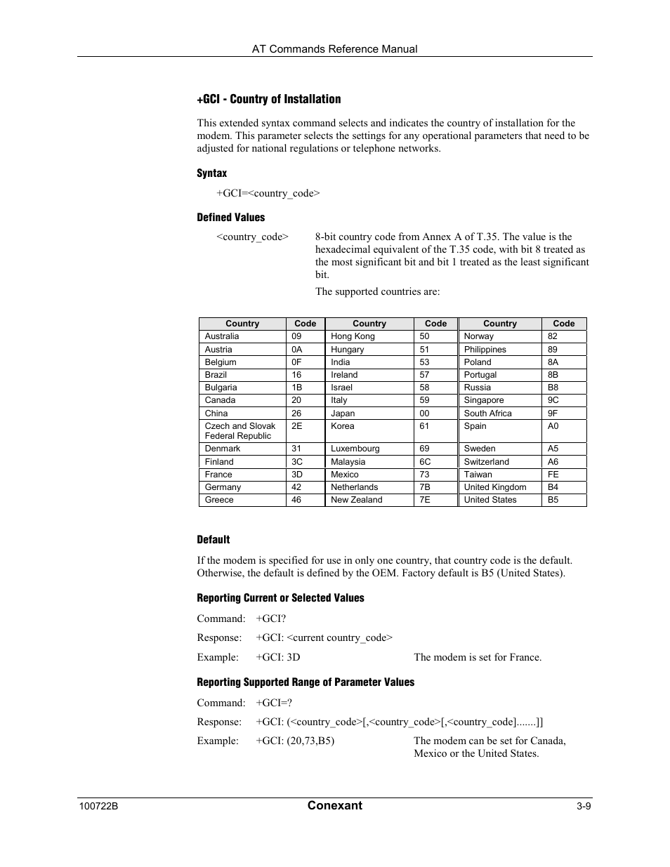 Conexant, Gci - country of installation | Comtrol AT Command Set Rev A User Manual | Page 35 / 230