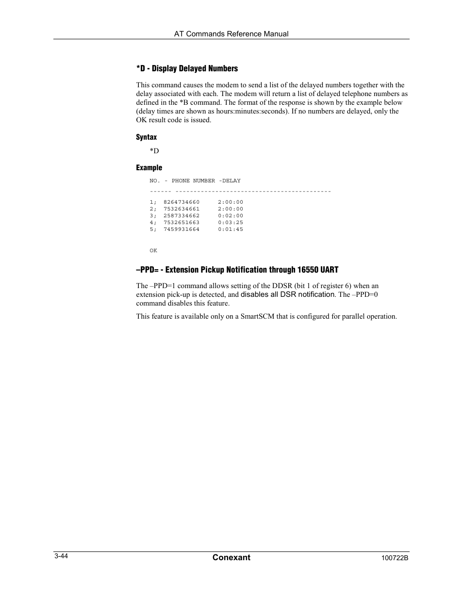 Conexant, D - display delayed numbers | Comtrol AT Command Set Rev A User Manual | Page 70 / 230