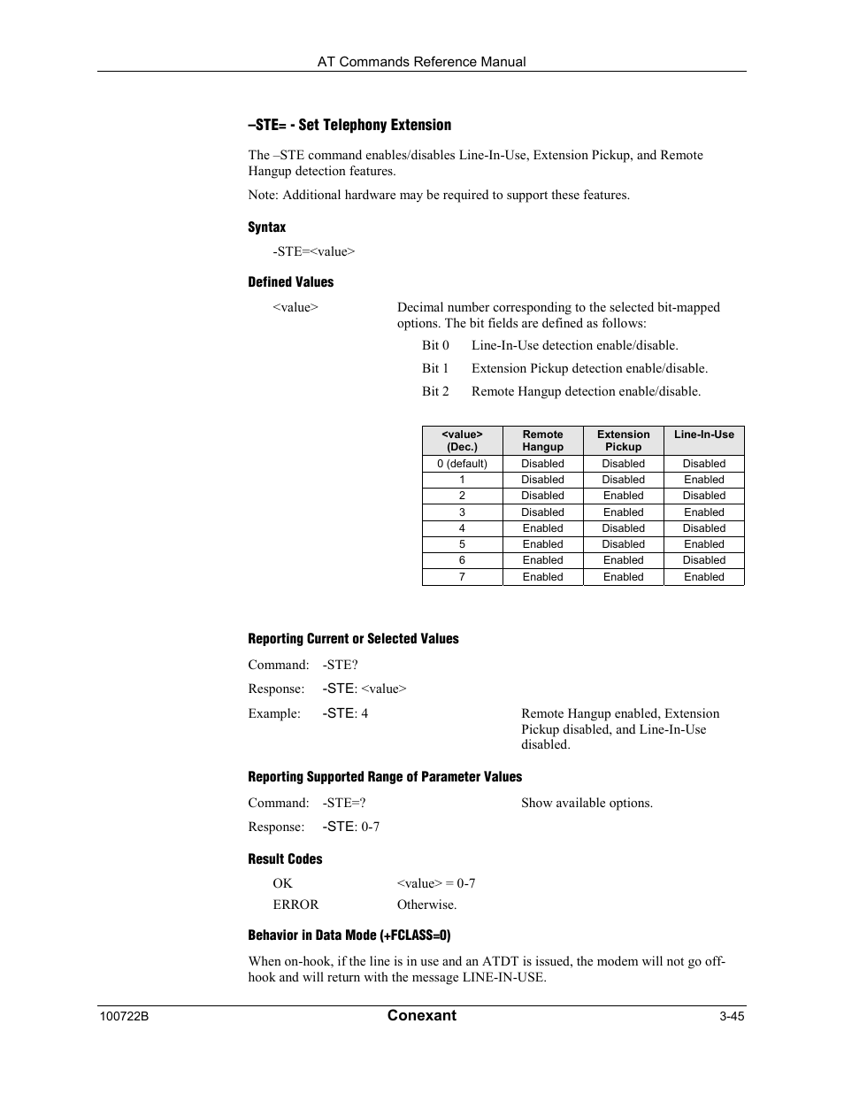 Conexant, Ste= - set telephony extension | Comtrol AT Command Set Rev A User Manual | Page 71 / 230
