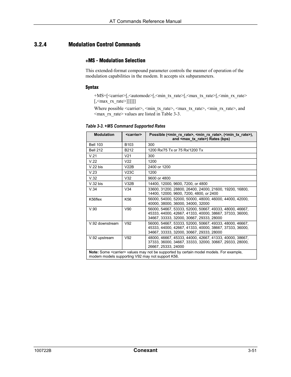 4 modulation control commands, Conexant, Ms - modulation selection | Comtrol AT Command Set Rev A User Manual | Page 77 / 230