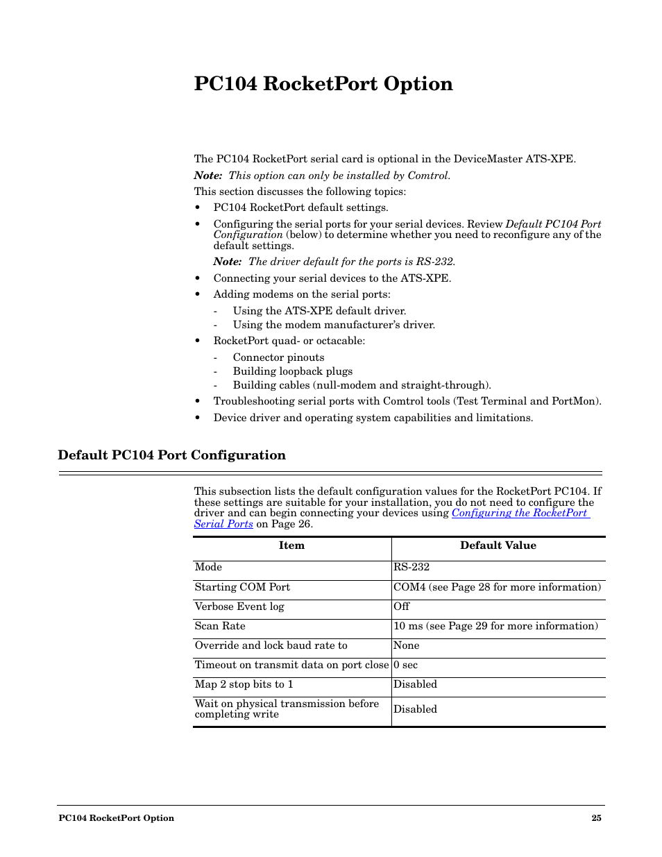 Pc104 rocketport option, Default pc104 port configuration | Comtrol DM ATS-XPe User Manual | Page 25 / 96