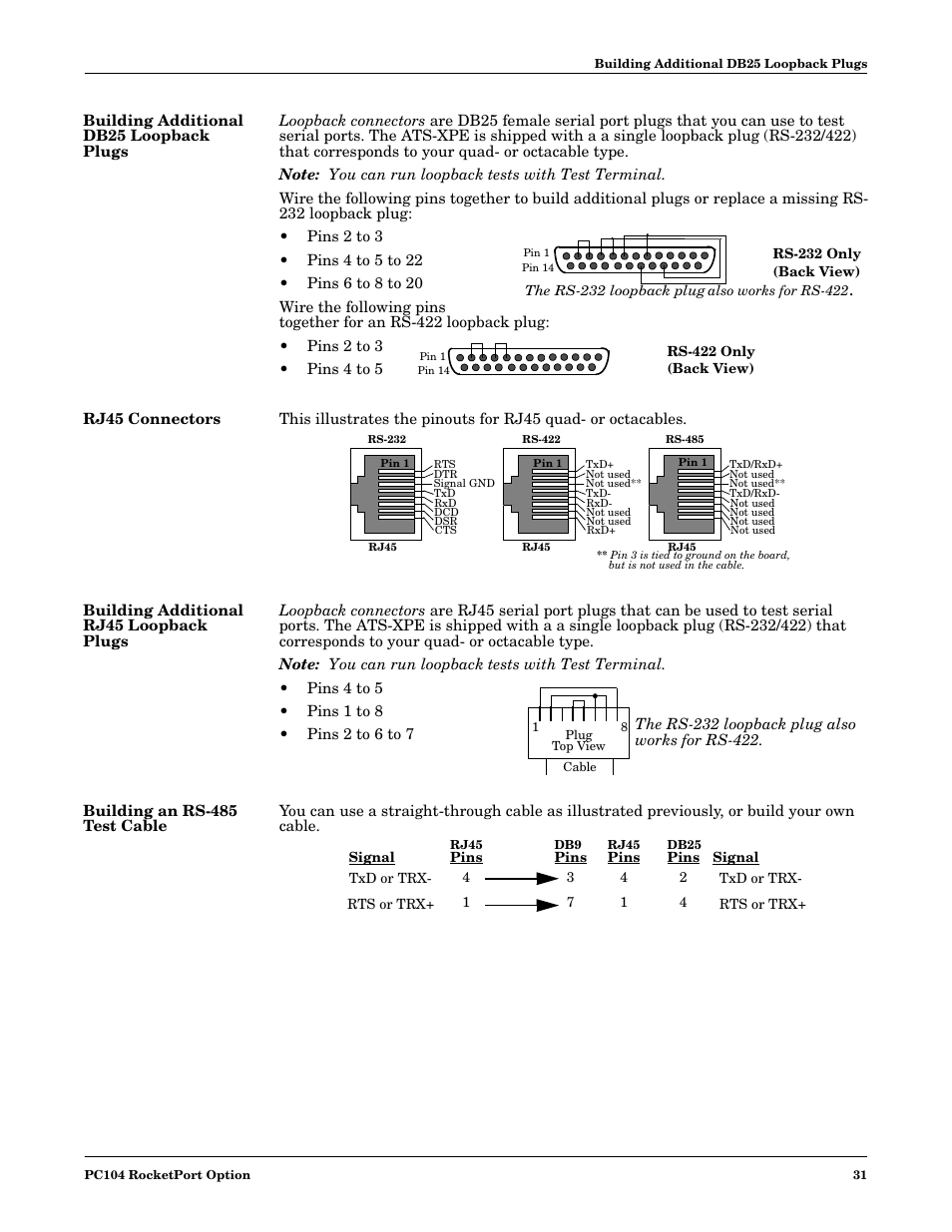 Building additional db25 loopback plugs, Rj45 connectors, Building additional rj45 loopback plugs | Building an rs-485 test cable | Comtrol DM ATS-XPe User Manual | Page 31 / 96