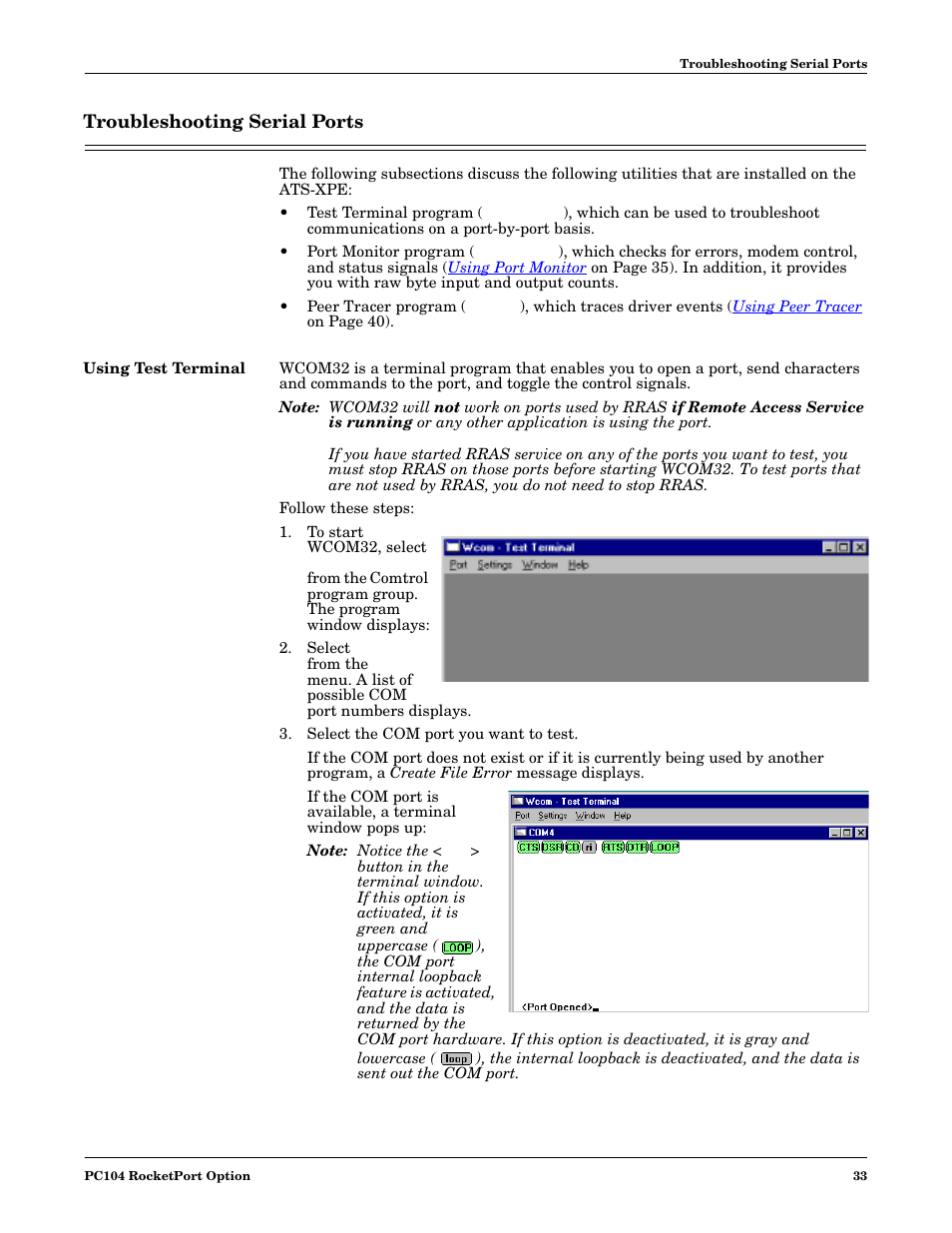 Troubleshooting serial ports, Using test terminal | Comtrol DM ATS-XPe User Manual | Page 33 / 96