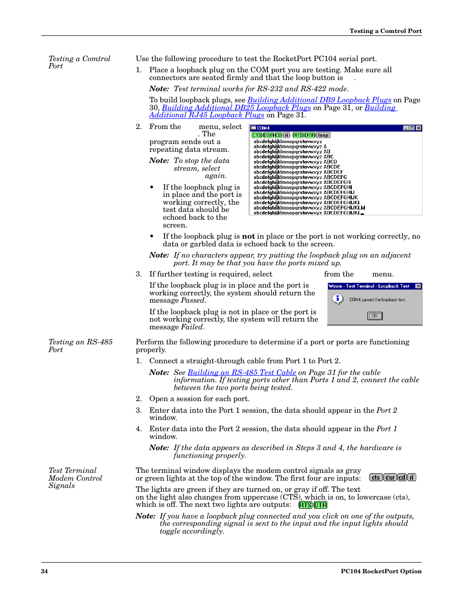 Testing a comtrol port, Testing an rs-485 port, Test terminal modem control signals | Comtrol DM ATS-XPe User Manual | Page 34 / 96